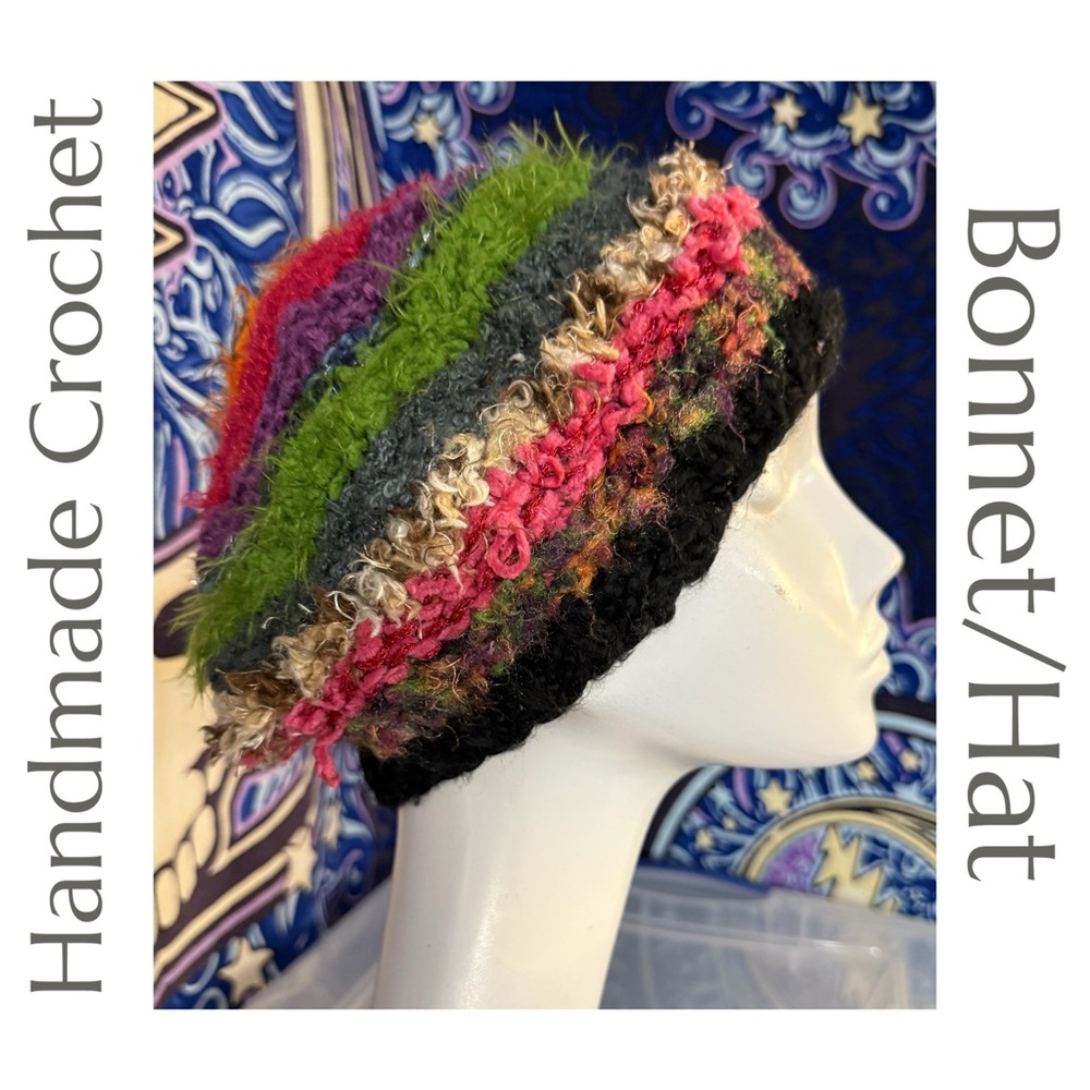 Handmade Crochet Bonnet‎ Hat - Multicolor Textured Stripes